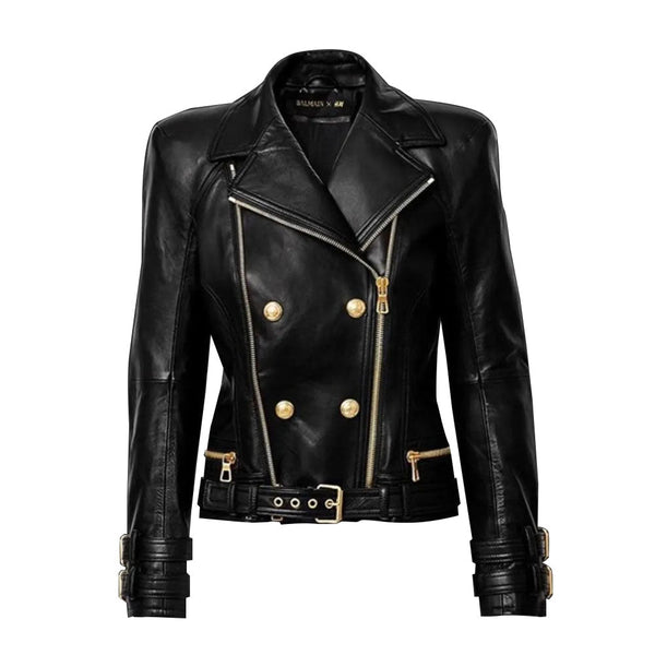 Gold Accents Zipper Closure Premium Sheepskin Leather Motorcycle Jacket for Women