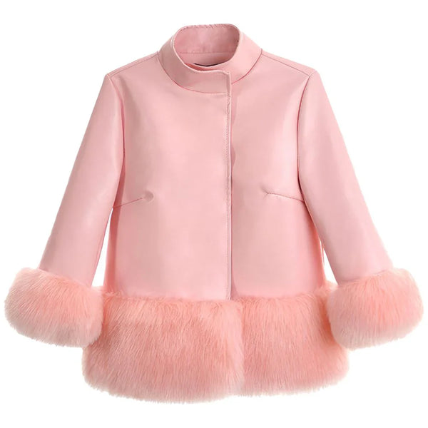 Pink Faux Shearling Fur Korean-Style Sheepskin Leather Jacket for Women