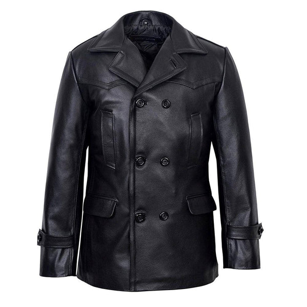 Men's black leather double-breasted jacket with classic collar and front pockets