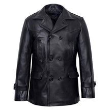 Men's black leather double-breasted jacket with classic collar and front pockets