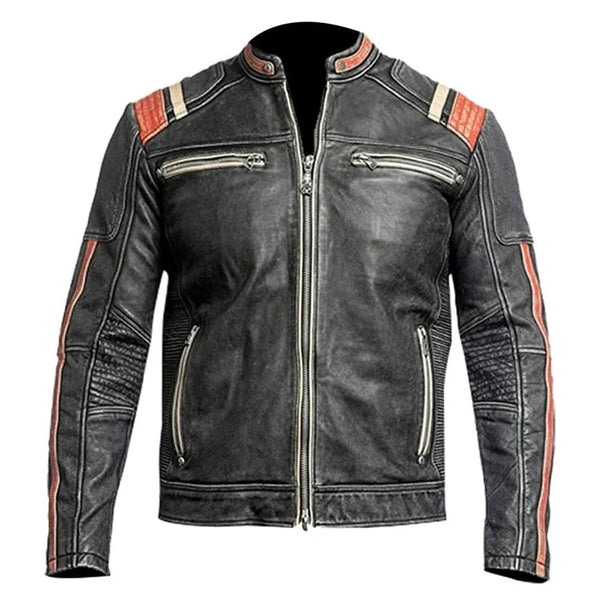 Men's black leather motorcycle jacket with red and beige shoulder stripes, front zipper, and zippered pockets