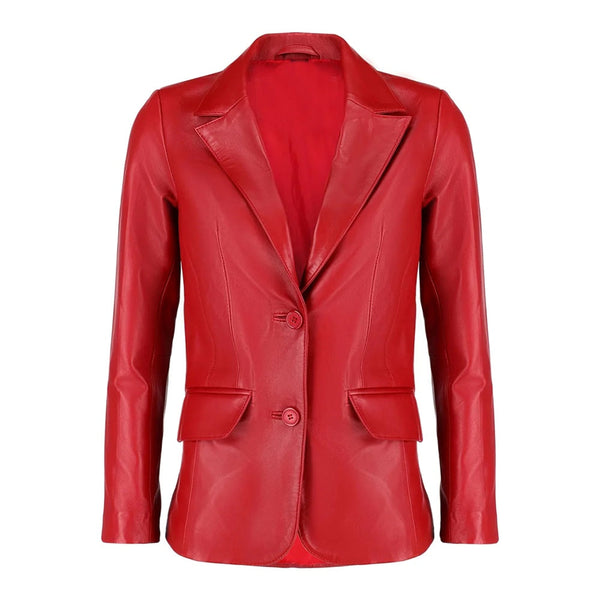 Black Notched-Collar Casual Genuine Sheepskin Leather Blazer for Women