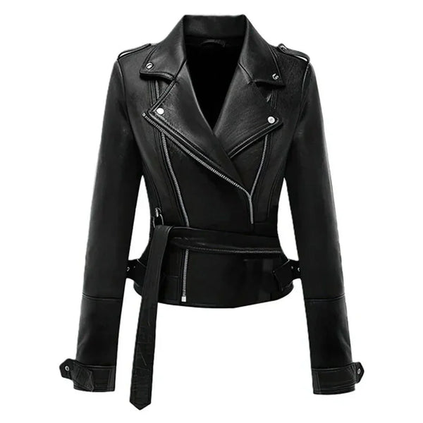 Black women's leather biker jacket with belt, zippers, and snap buttons for trendy streetwear style