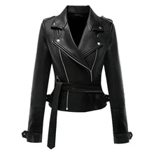 Black women's leather biker jacket with belt, zippers, and snap buttons for trendy streetwear style