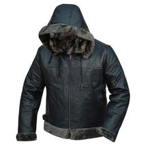 Aviator Black Removable Hood Shearling Sheepskin Leather Jacket for Men