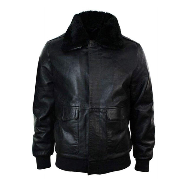 Black Aviator Bomber  Fur Collar Sheepskin Leather Jacket For Men