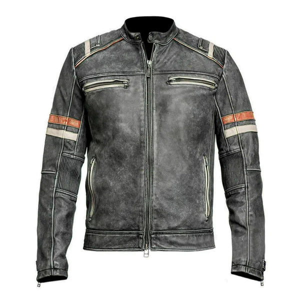 Men's distressed leather motorcycle jacket with striped sleeves and front zippers