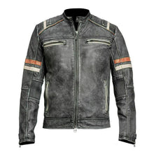 Men's distressed leather motorcycle jacket with striped sleeves and front zippers