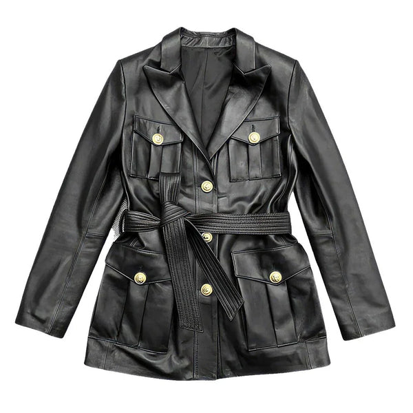 Black leather jacket with gold buttons and waist belt, stylish women's outerwear
