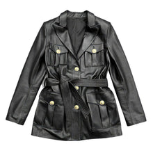 Black leather jacket with gold buttons and waist belt, stylish women's outerwear