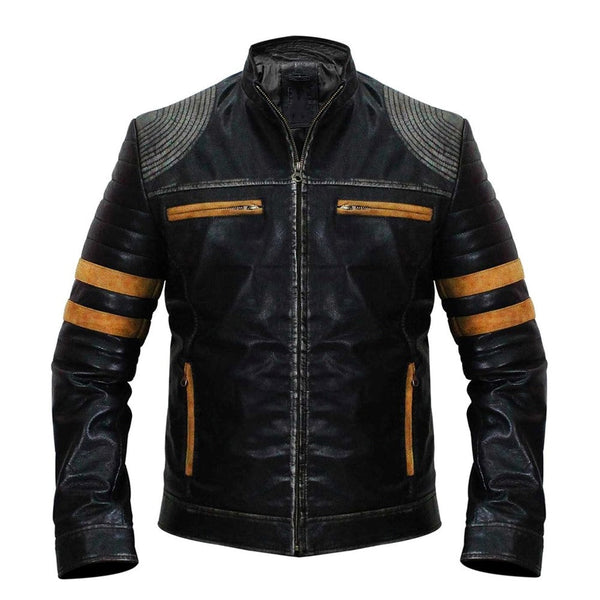 Men's Vintage Distressed Black Leather Biker Jacket with Quilted Shoulders and Stripes