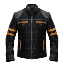 Men's Vintage Distressed Black Leather Biker Jacket with Quilted Shoulders and Stripes