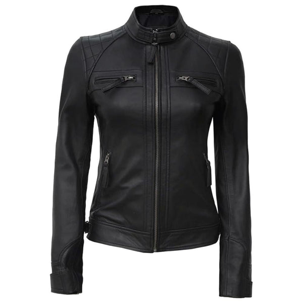 Black Quilted Café Racer Leather Jacket for Women