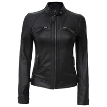 Black Quilted Café Racer Leather Jacket for Women