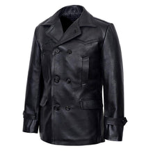 Black men's double-breasted leather jacket with classic collar and front pockets