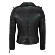 Black leather biker jacket with quilted back panel and shoulder straps, stylish women's moto jacket