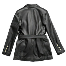 Black leather jacket with belt and gold buttons, back view