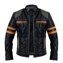 Men's Vintage Distressed Black Leather Biker Jacket with Quilted Shoulders and Stripes