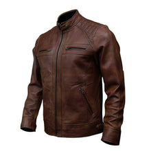 Brown Stand-up Collar Genuine Sheepskin Diamond Leather Biker Jacket For Men