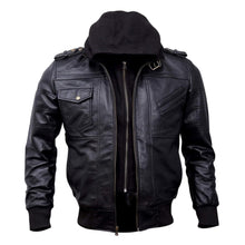 Bomber Removable Hooded Sheepskin Leather Jacket for Men