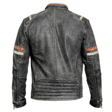 Men's distressed black leather motorcycle jacket with striped shoulder and sleeve accents, back view