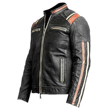 Men's black leather motorcycle jacket with orange and cream stripes, zippered pockets, and ribbed panels