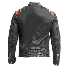 Black leather motorcycle jacket with quilted sleeves and orange shoulder accents, back view