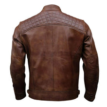 Brown Stand-up Collar Genuine Sheepskin Diamond Leather Biker Jacket For Men
