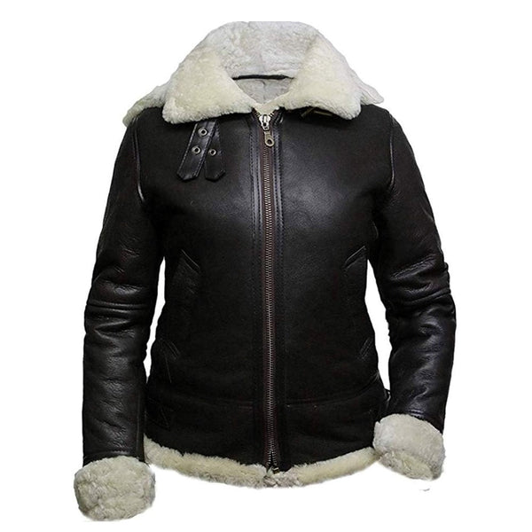B3 Hooded Bomber White Fur Faux Shearling Sheepskin Leather Jackets for Women