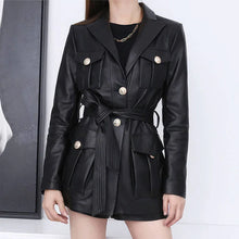 Black faux leather belted blazer with gold buttons, stylish women's jacket for trendy outfits