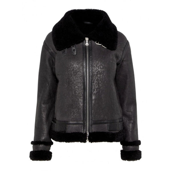 Women Black Distressed Shearling Jacket