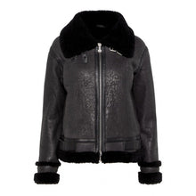 Women Black Distressed Shearling Jacket