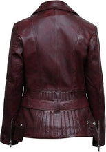 Women's burgundy leather jacket with belted waist and zip pockets, stylish back view