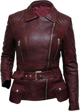 Women's burgundy leather moto jacket with belt, zippers, and pockets — stylish, fitted design