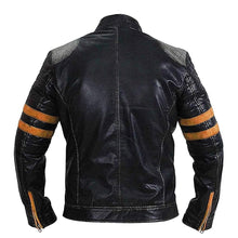 Men's Vintage Distressed Black Leather Biker Jacket with Quilted Shoulders and Stripes