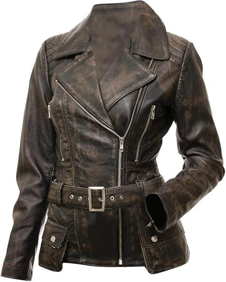 Distressed brown leather biker jacket with belt, zippers, and pockets for women or men