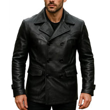 Men's black leather double-breasted jacket with classic collar and front pockets
