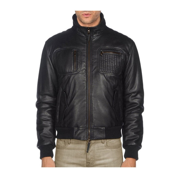 Texture Pocket Black Leather Jacket
