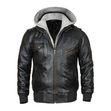 Bomber Removable Hooded Sheepskin Leather Jacket for Men