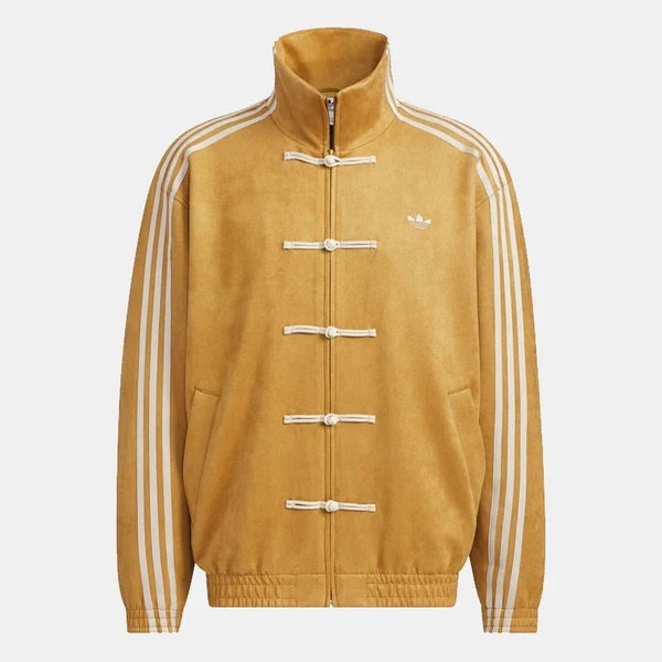 Yellow jacket with white stripes and Adidas logo on a light gray background