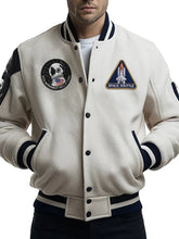 Men's varsity jacket with NASA and Air Force patches, black and white color, designed by American Trend