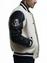 Men's varsity jacket with NASA and Air Force patches, black and white color, designed by American Trend