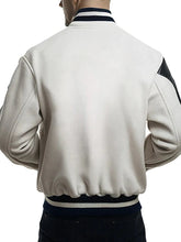 Men's varsity jacket with NASA and Air Force patches, black and white color, designed by American Trend