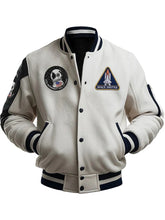 Men's varsity jacket with NASA and Air Force patches, black and white color, designed by American Trend