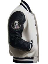 Men's varsity jacket with NASA and Air Force patches, black and white color, designed by American Trend