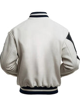 Men's varsity jacket with NASA and Air Force patches, black and white color, designed by American Trend