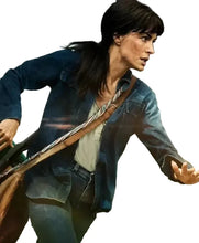 Women's dark blue denim jacket with shirt collar