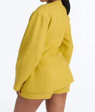 Collarless mustard yellow blazer with gold buttons
