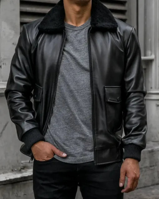 Men Casual Black Leather Flight Jacket with ribbed cuffs