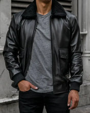 Men Casual Black Leather Flight Jacket with ribbed cuffs